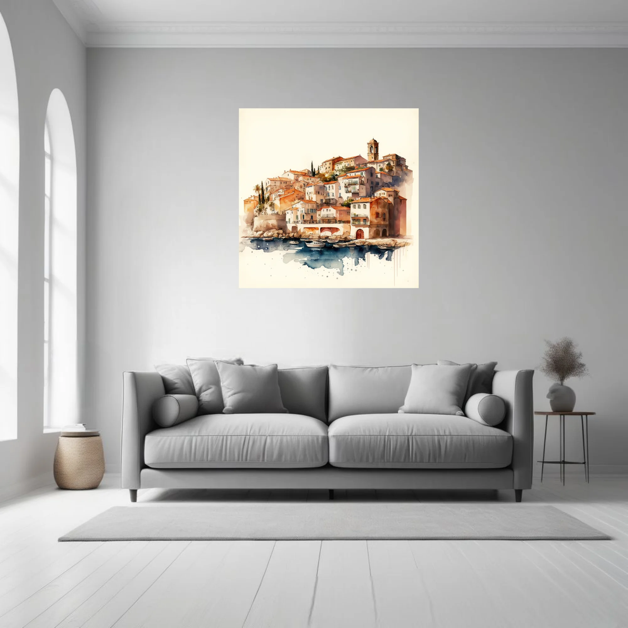 Watercolor-style Mediterranean harbor town, terracotta rooftops, cobalt blue water, moored boats