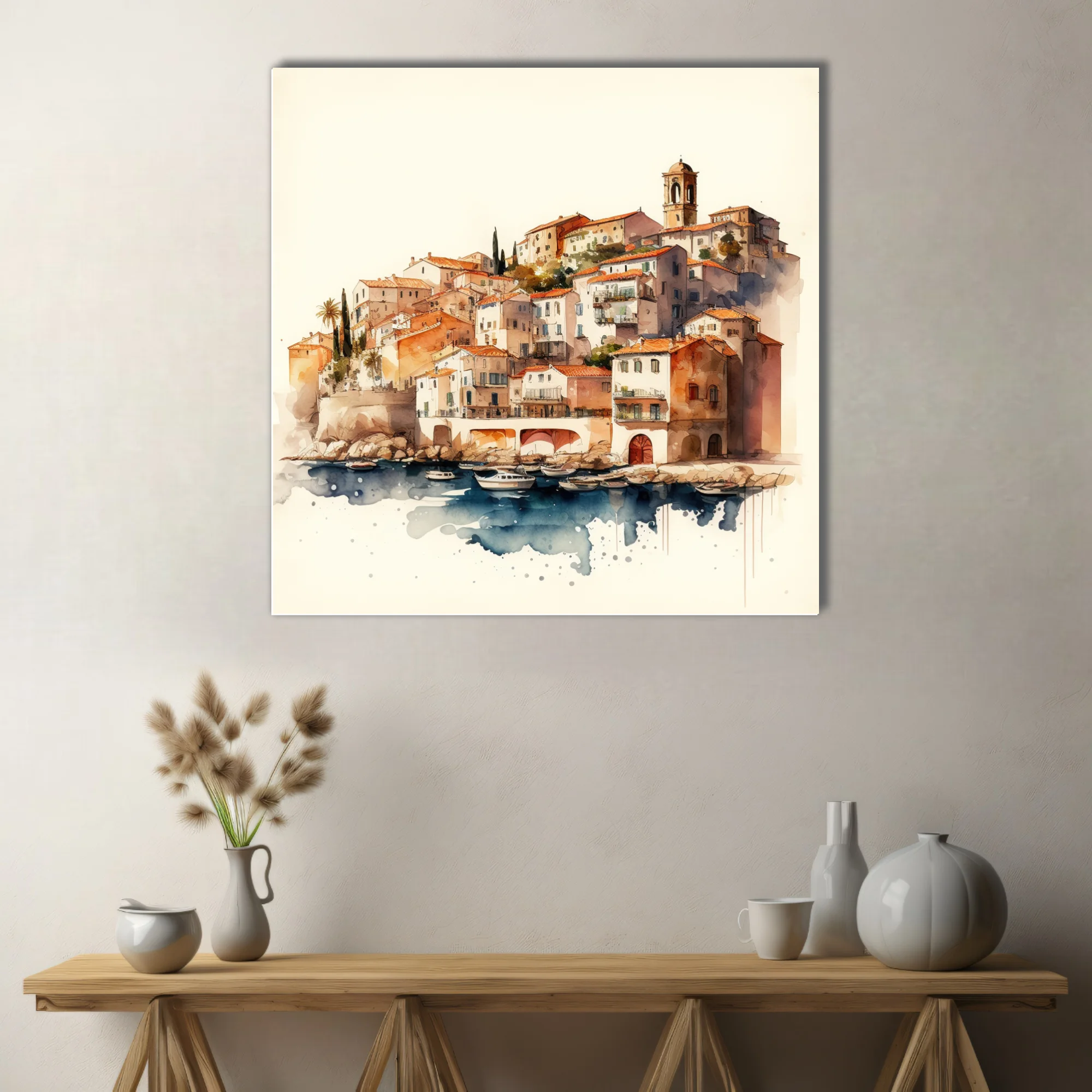 Watercolor-style Mediterranean harbor town, terracotta rooftops, cobalt blue water, moored boats