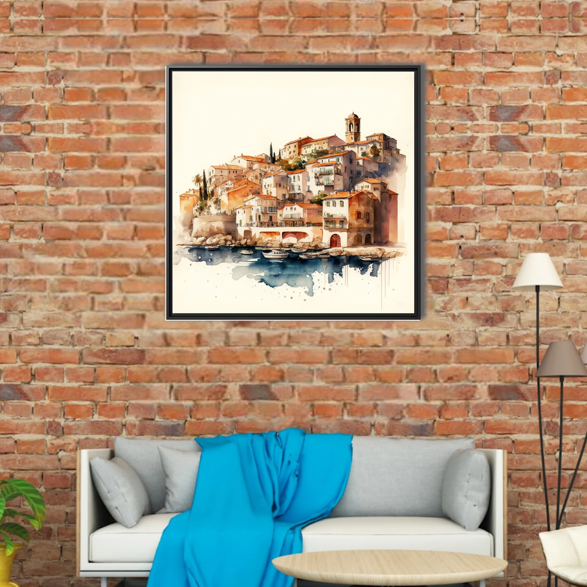 Watercolor-style Mediterranean harbor town, terracotta rooftops, cobalt blue water, moored boats