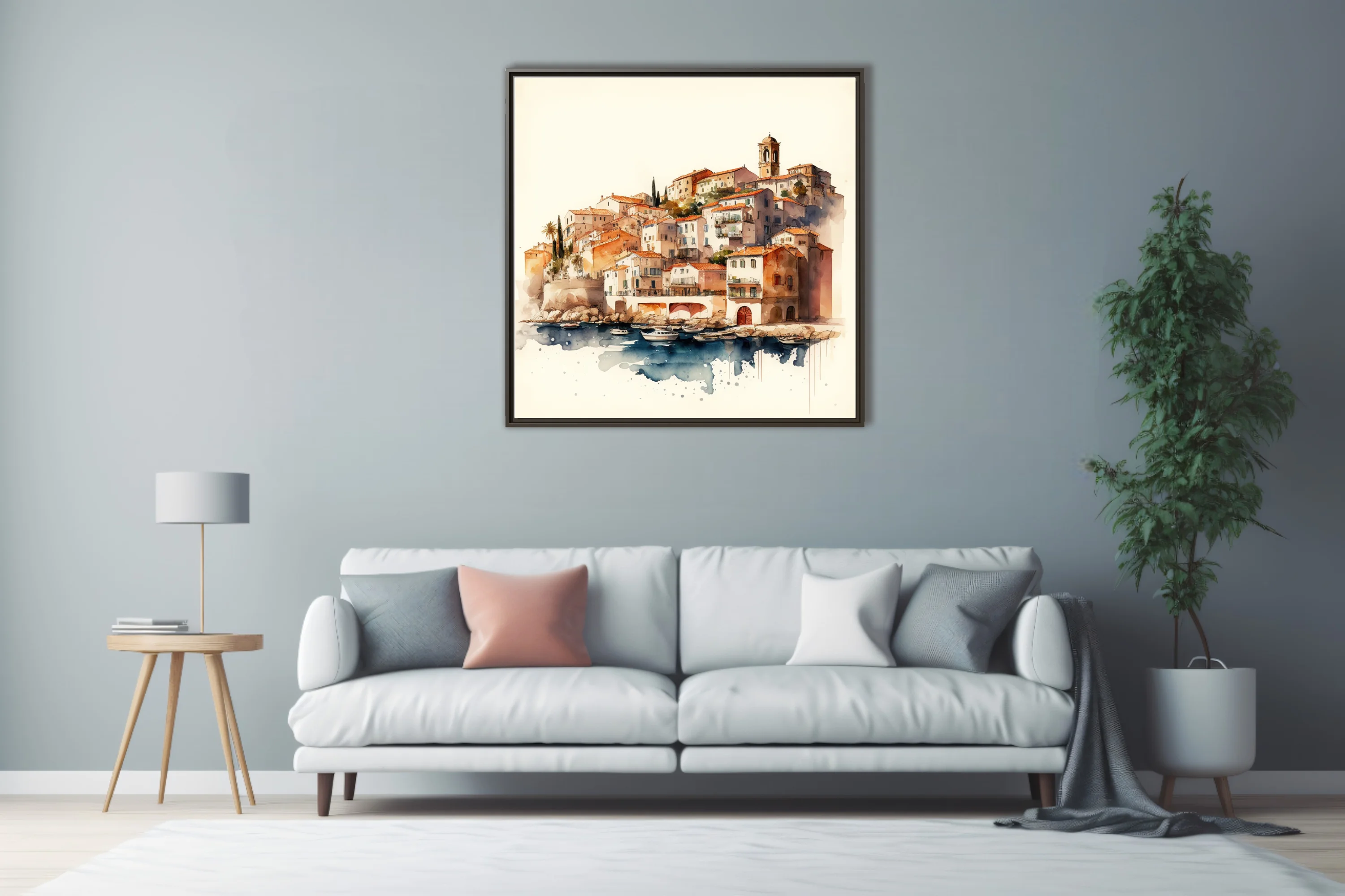 Watercolor-style Mediterranean harbor town, terracotta rooftops, cobalt blue water, moored boats