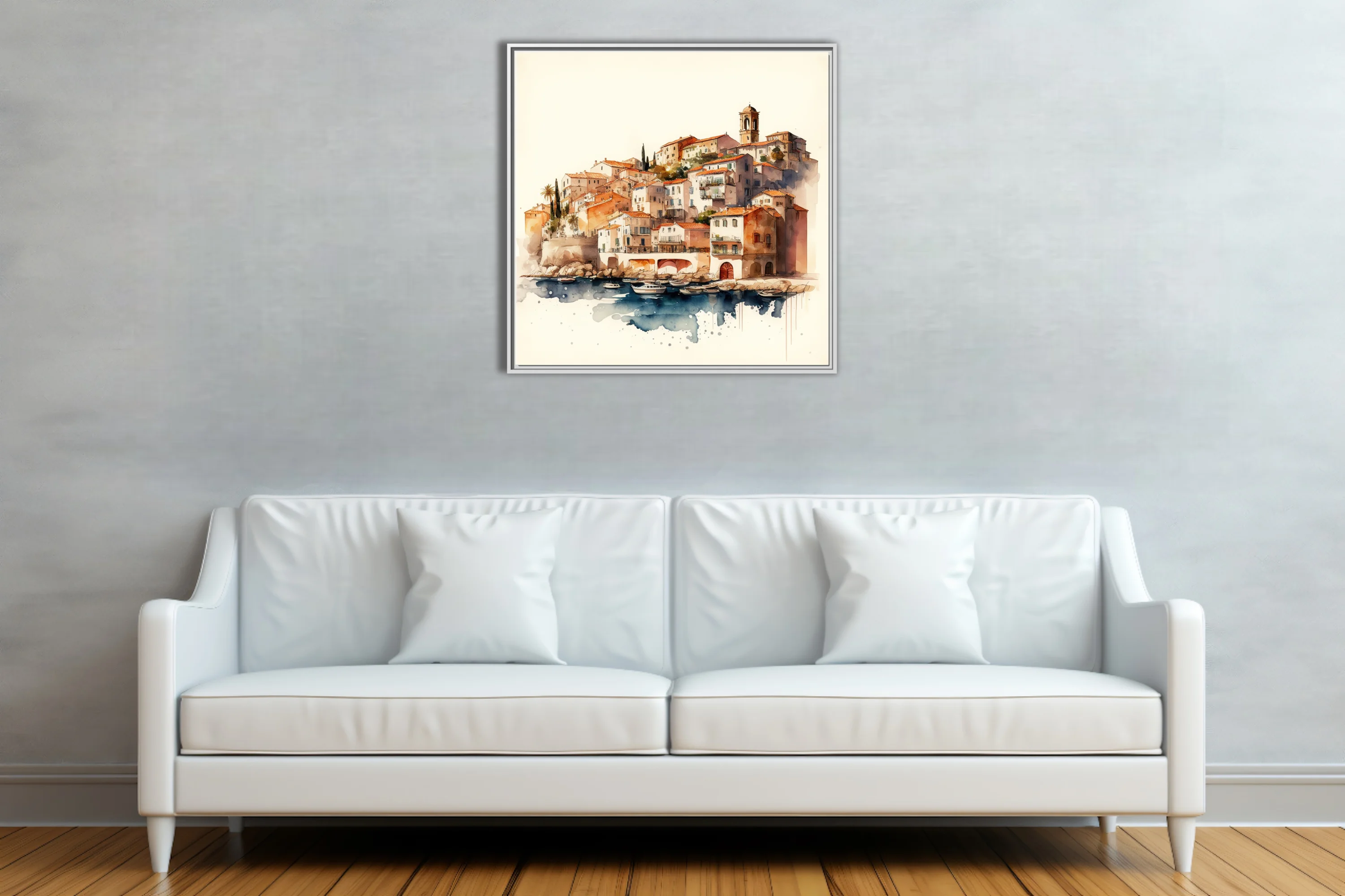 Watercolor-style Mediterranean harbor town, terracotta rooftops, cobalt blue water, moored boats