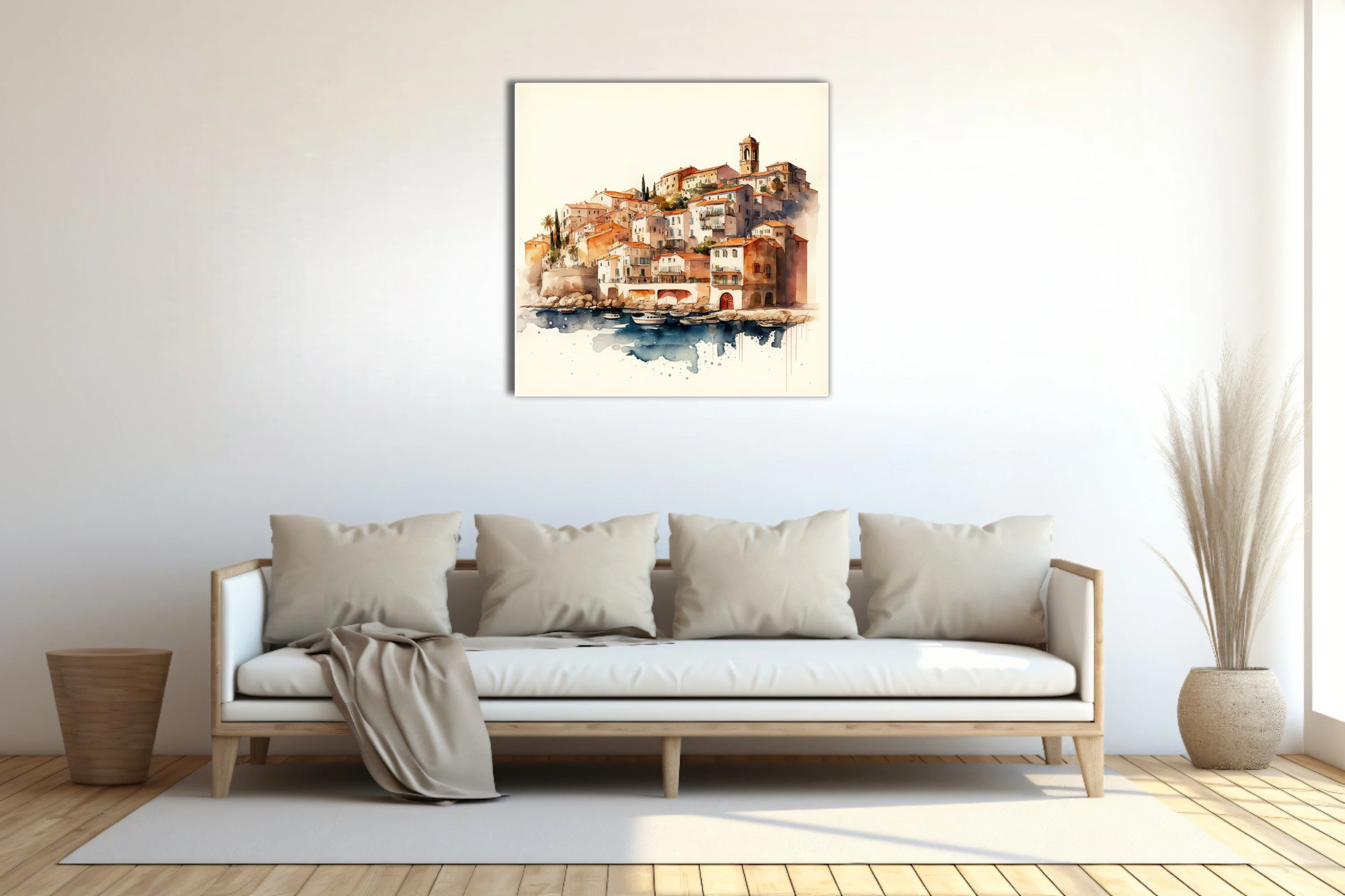 Watercolor-style Mediterranean harbor town, terracotta rooftops, cobalt blue water, moored boats
