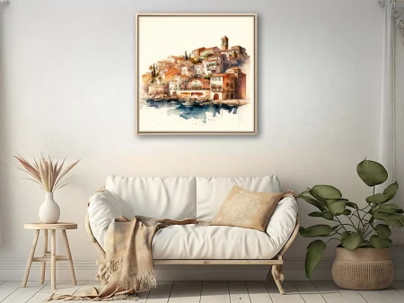 Watercolor-style Mediterranean harbor town, terracotta rooftops, cobalt blue water, moored boats