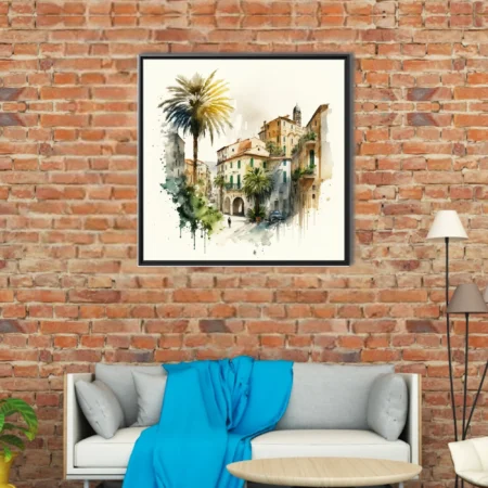 Watercolor-style Mediterranean old town with palm trees, warm ochres, and loose ink linework