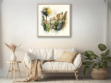 Watercolor-style Mediterranean old town with palm trees, warm ochres, and loose ink linework