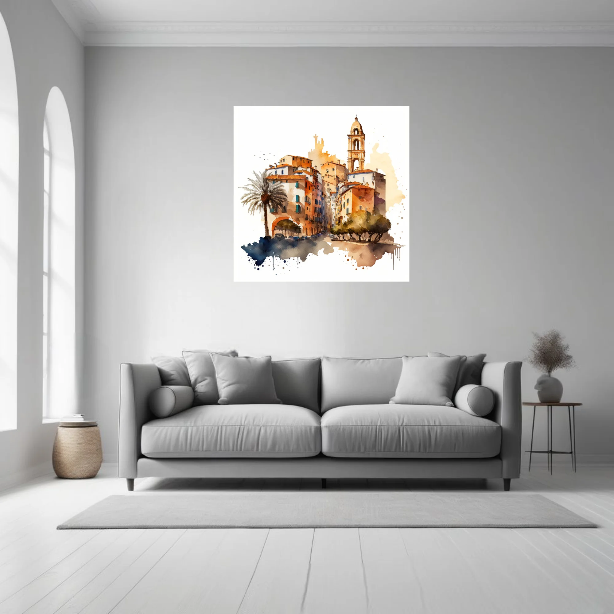 Watercolor-style Mediterranean old town with bell tower, terracotta rooftops and palm tree