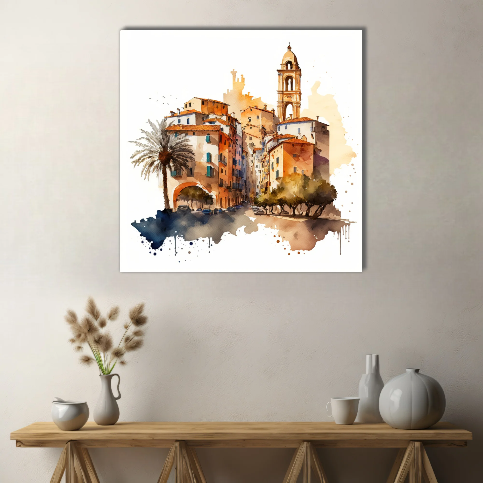 Watercolor-style Mediterranean old town with bell tower, terracotta rooftops and palm tree