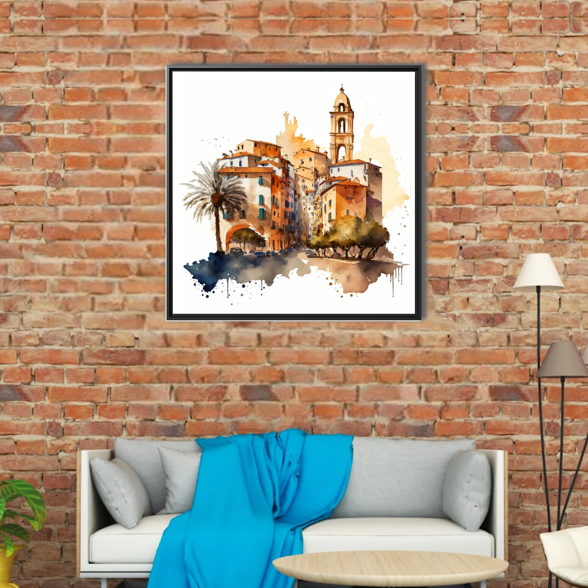 Watercolor-style Mediterranean old town with bell tower, terracotta rooftops and palm tree
