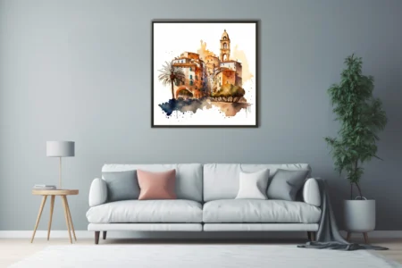 Watercolor-style Mediterranean old town with bell tower, terracotta rooftops and palm tree