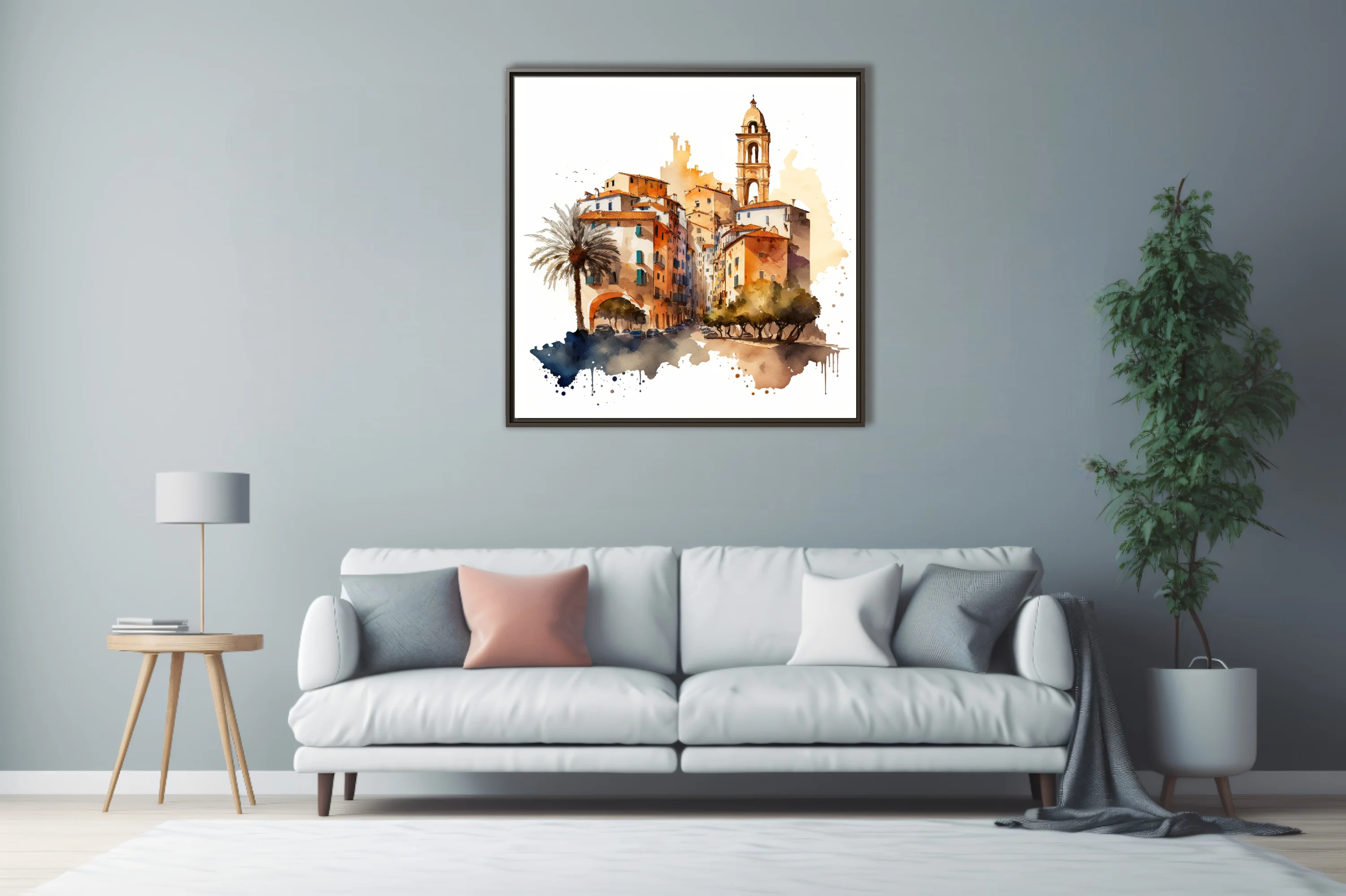 Watercolor-style Mediterranean old town with bell tower, terracotta rooftops and palm tree