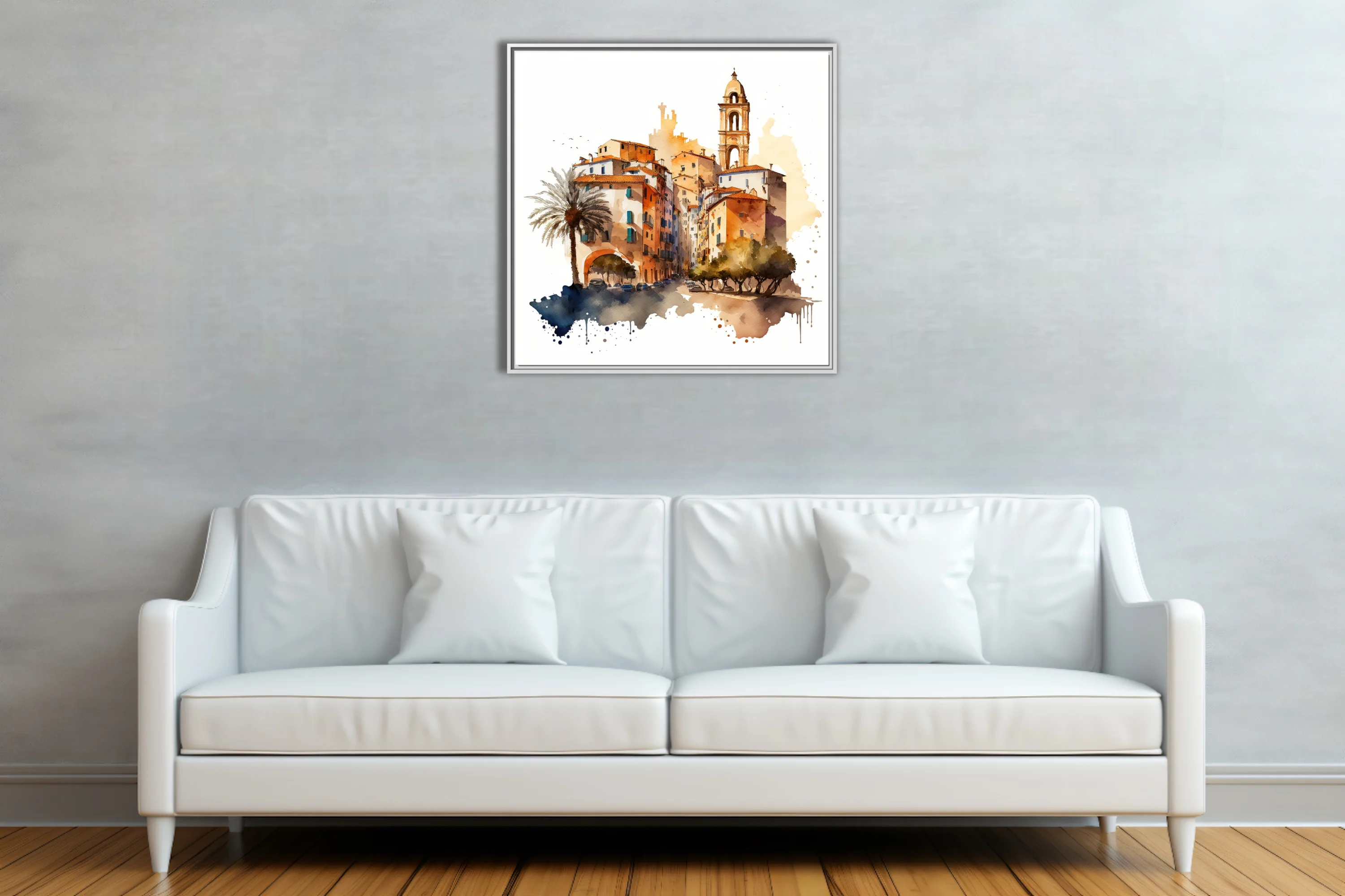 Watercolor-style Mediterranean old town with bell tower, terracotta rooftops and palm tree