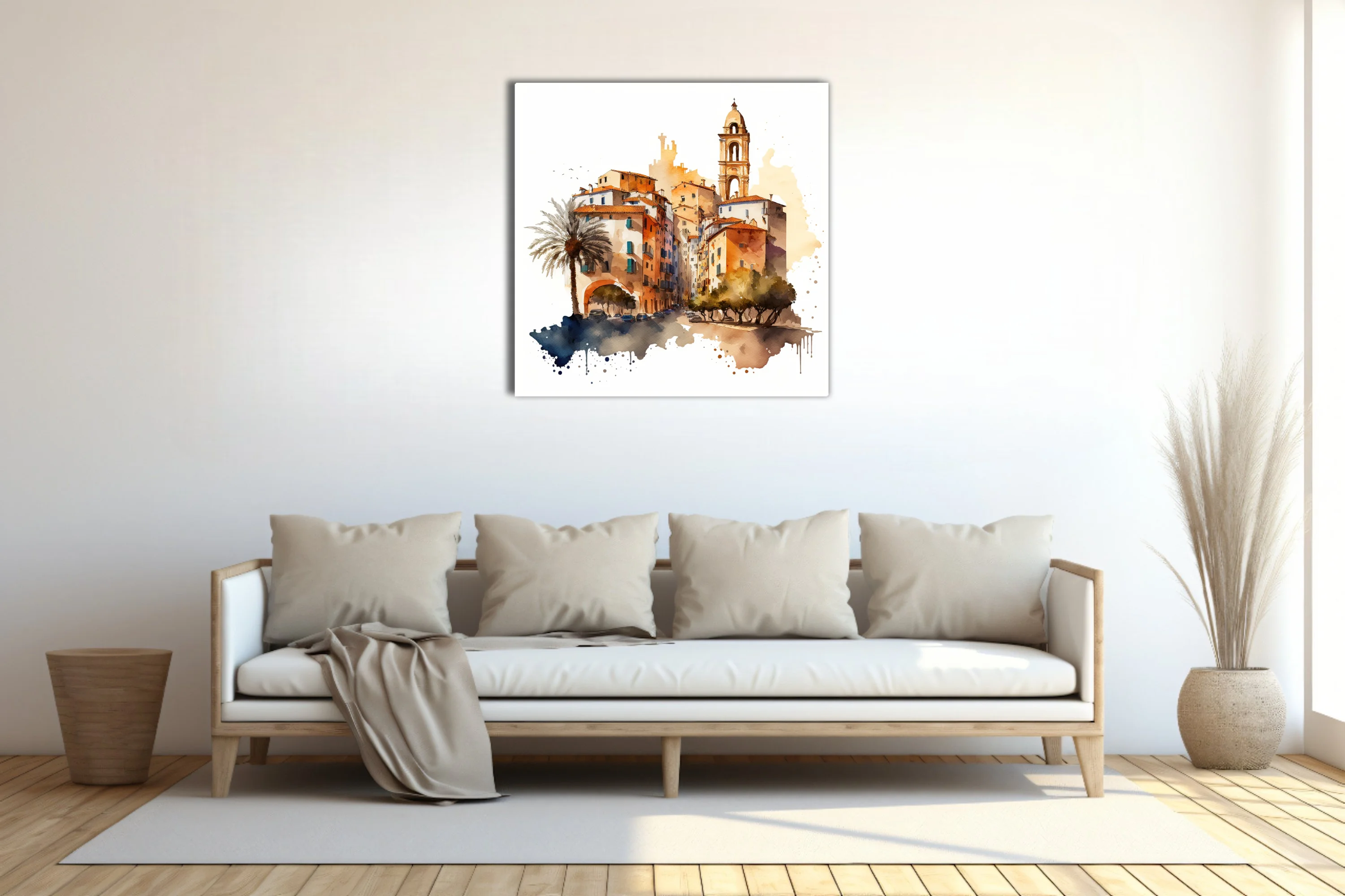 Watercolor-style Mediterranean old town with bell tower, terracotta rooftops and palm tree