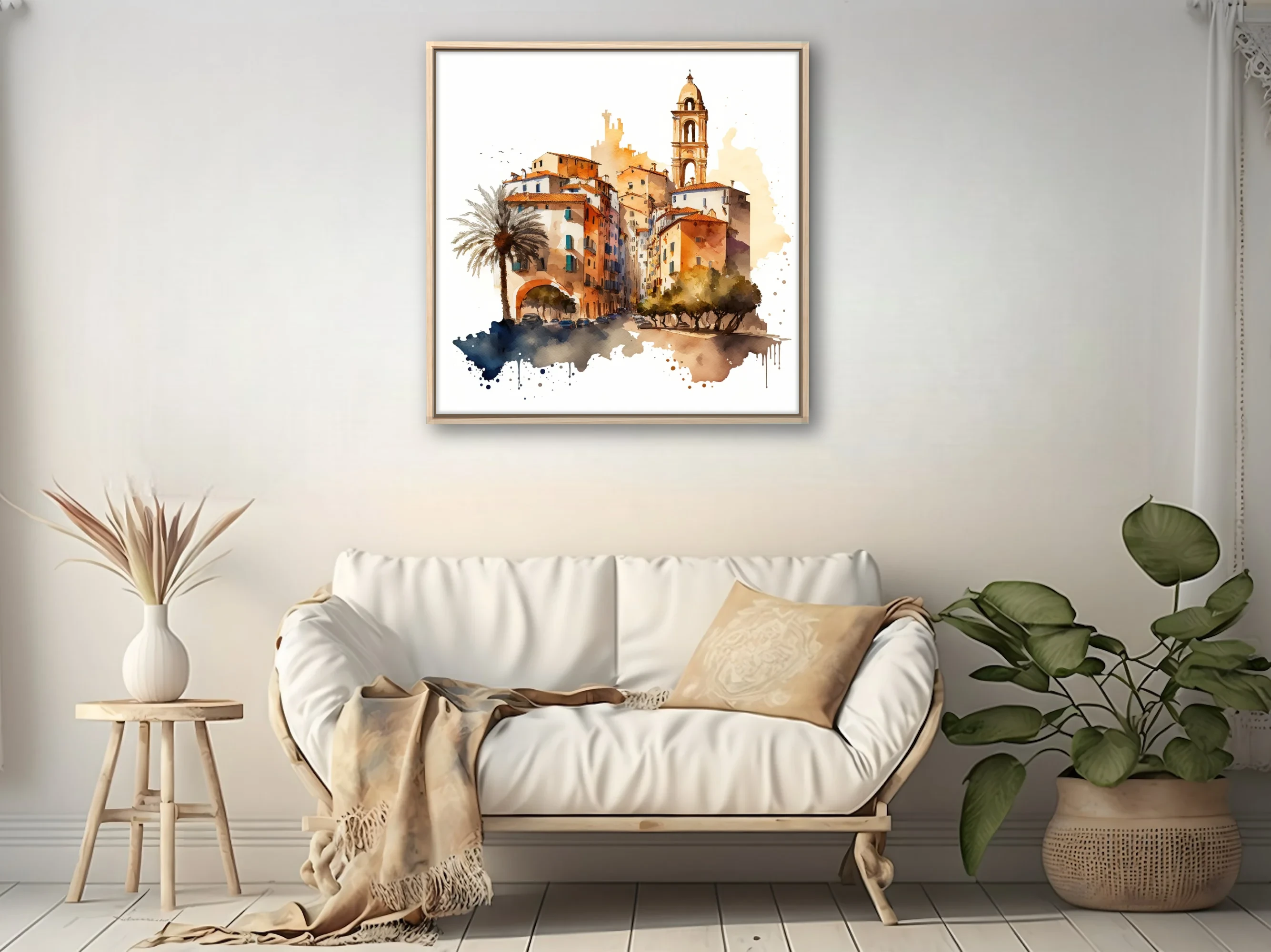 Watercolor-style Mediterranean old town with bell tower, terracotta rooftops and palm tree