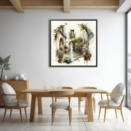 Watercolor-style Mediterranean courtyard with arched doorways, lush greenery, and terracotta pots