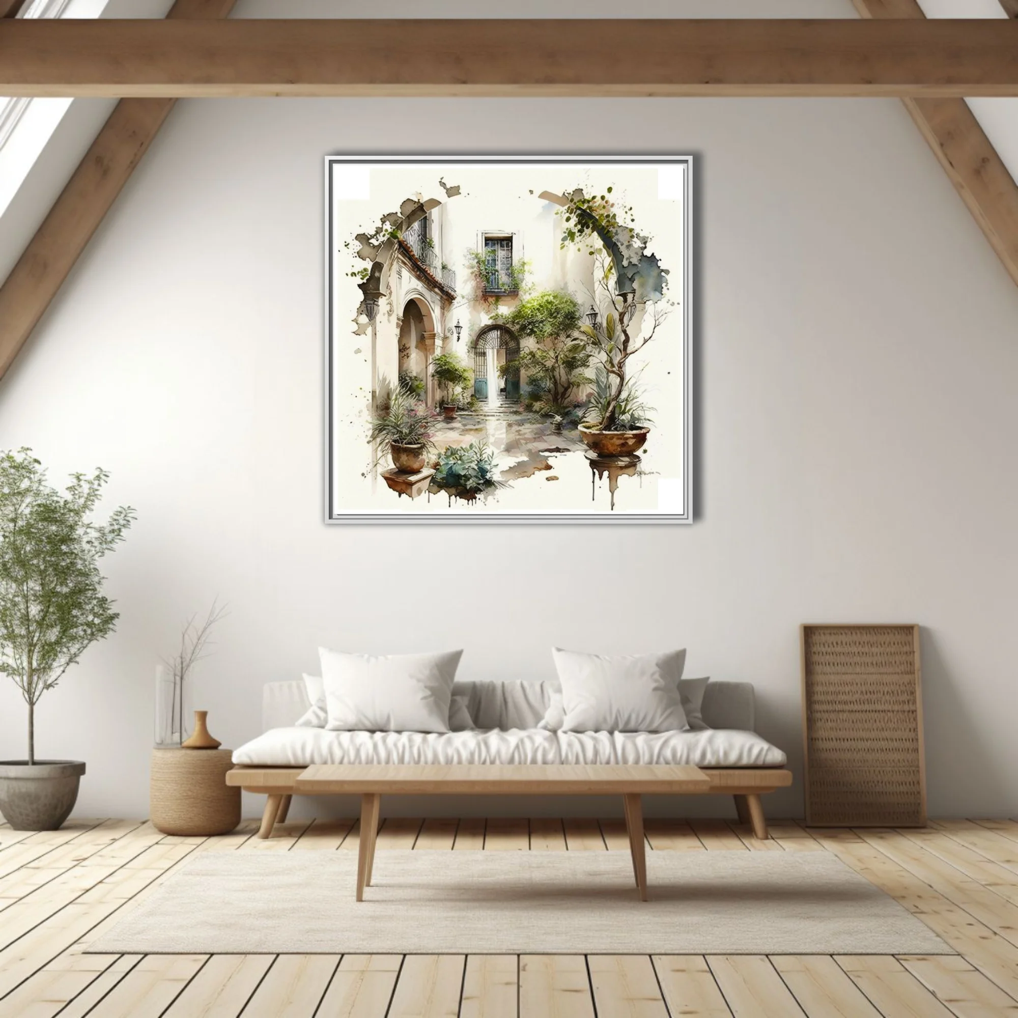 Watercolor-style Mediterranean courtyard with arched doorways, lush greenery, and terracotta pots