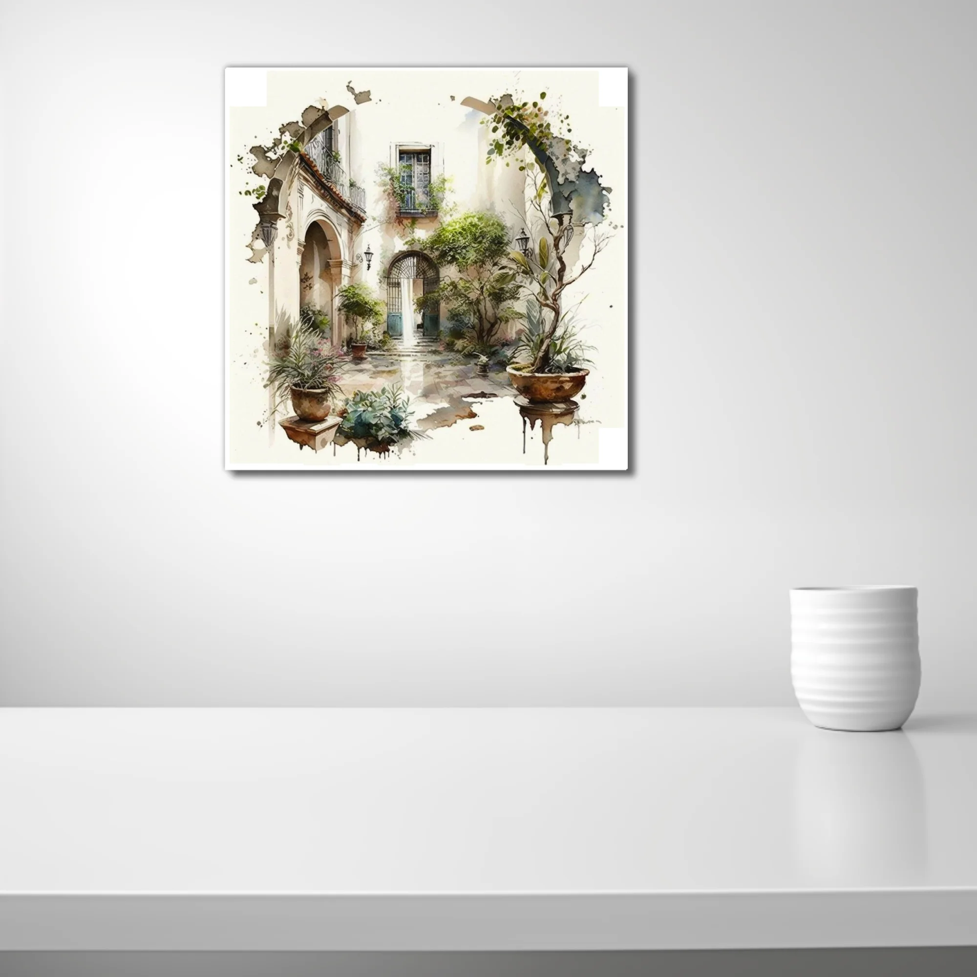 Watercolor-style Mediterranean courtyard with arched doorways, lush greenery, and terracotta pots