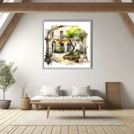 Watercolor-style Mediterranean courtyard with arched columns, gnarled tree, and terracotta pots