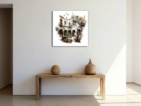 Watercolor-style Mediterranean courtyard with arches, fountain, olive tree and birds in earthy tones