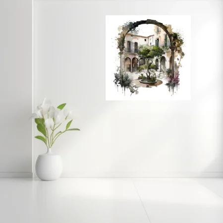Watercolor-style Mediterranean courtyard with arches, tree, and fountain, earthy tones