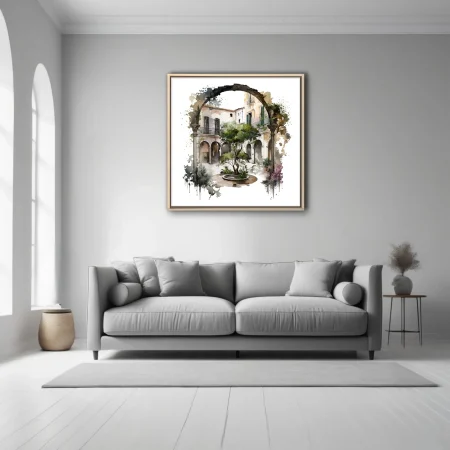 Watercolor-style Mediterranean courtyard with arches, tree, and fountain, earthy tones