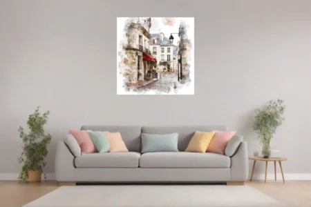 Watercolor-style Paris cobblestone street with café awning and classic stone facades