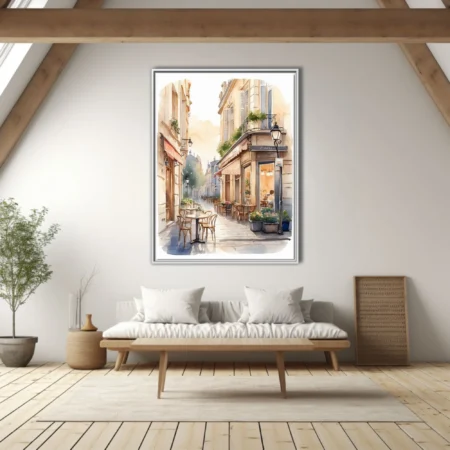 Watercolor-style Parisian café street scene in warm cream tones with cobblestones and lamps