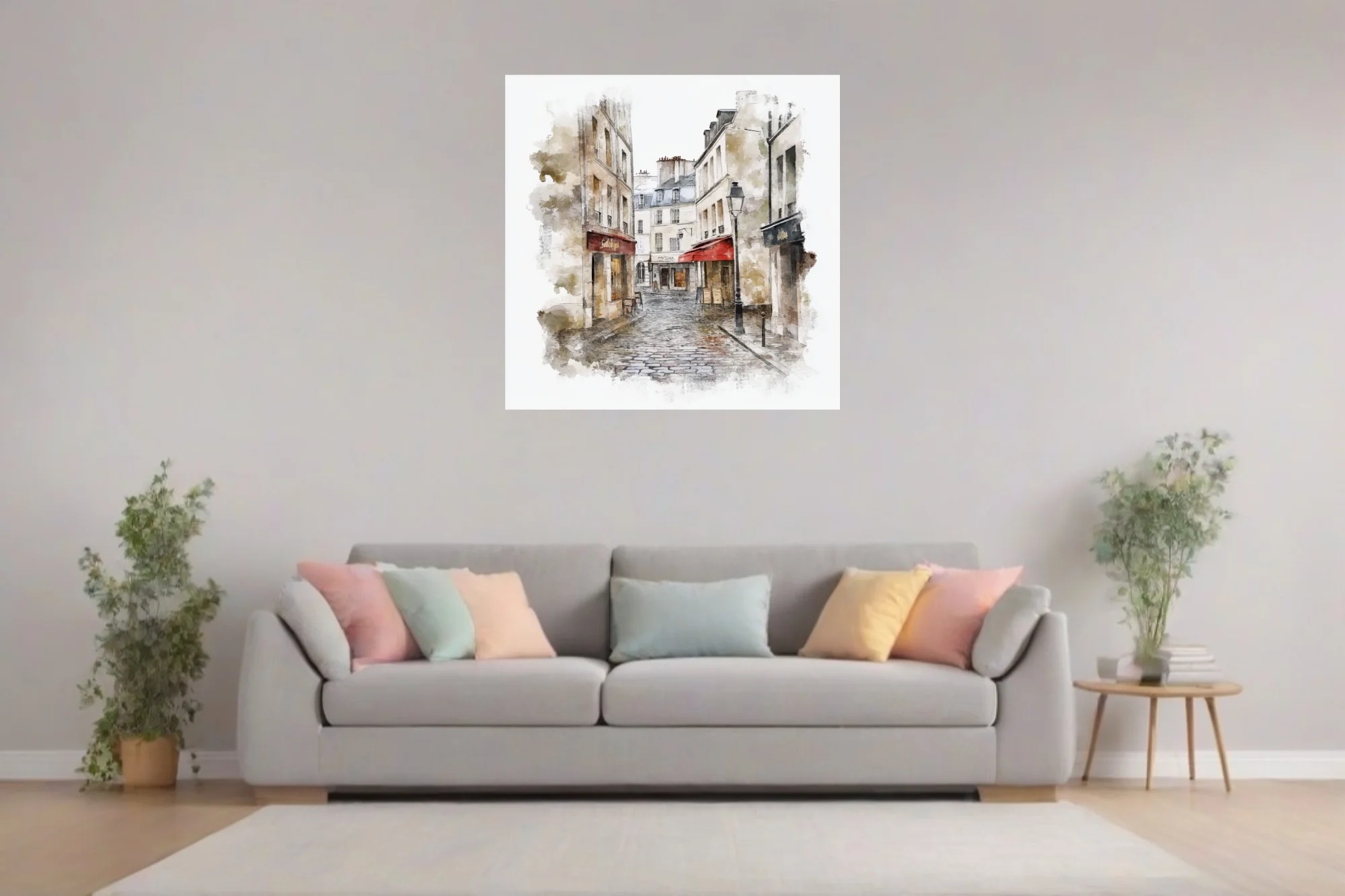 Watercolor-style Paris street scene with cobblestones, red café awnings, and stone buildings