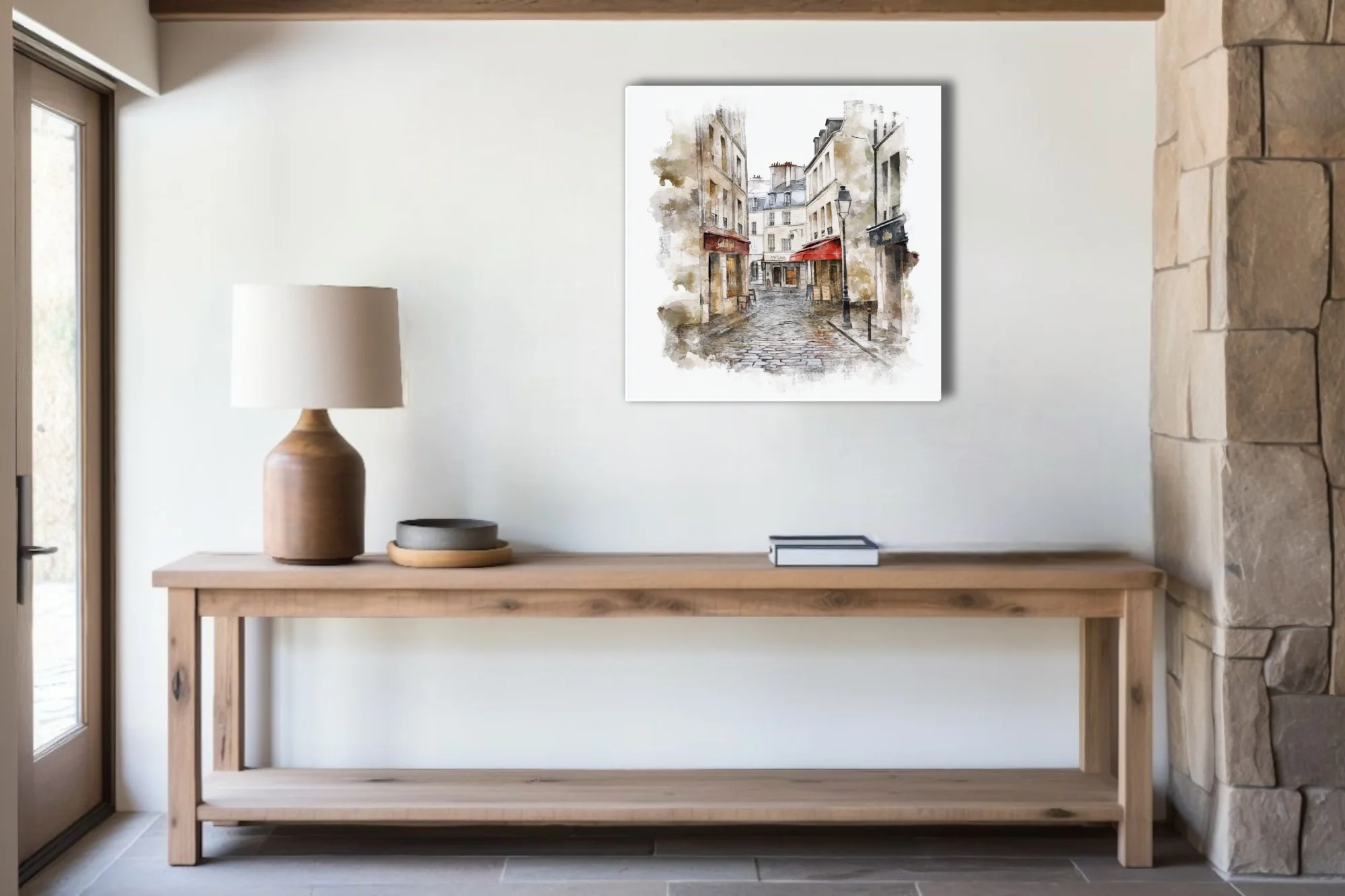 Watercolor-style Paris street scene with cobblestones, red café awnings, and stone buildings