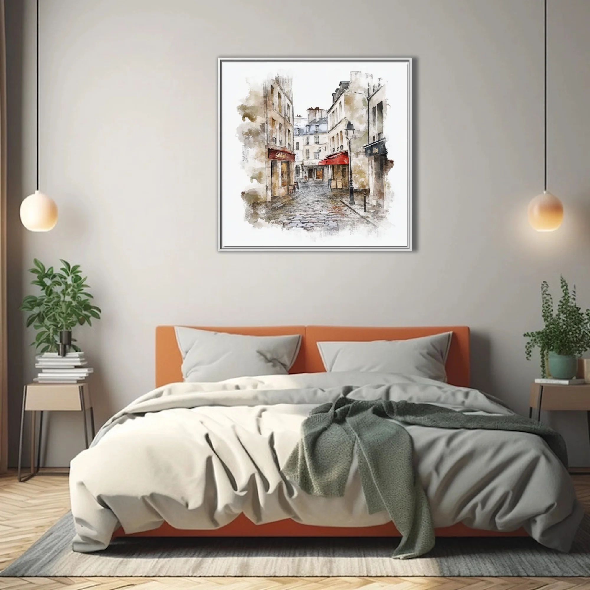 Watercolor-style Paris street scene with cobblestones, red café awnings, and stone buildings