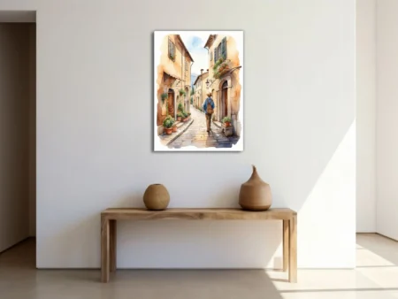 Watercolor-style Tuscan village lane with traveler, ochre stone houses, potted flowers, soft blue sky