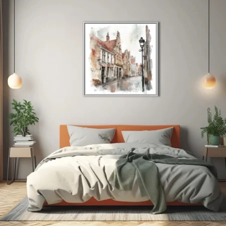 Watercolor-style Flemish cobblestone street with stepped gable facades and iron lamp