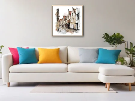 Watercolor-style historic European cobblestone street with terracotta rooftops and muted tones