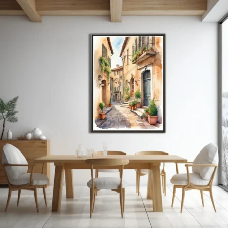 Watercolor-style Tuscan village alley with terracotta walls, cobblestones, and potted plants