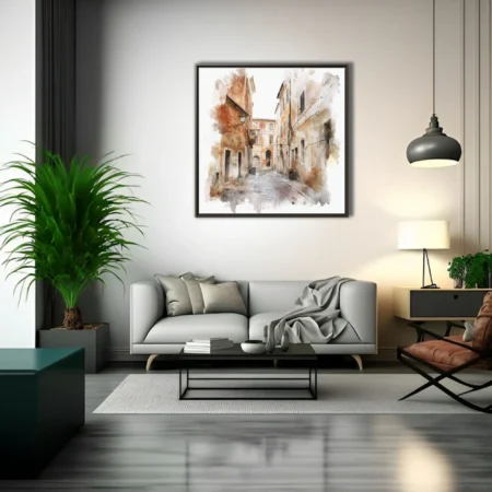 Watercolor-style Mediterranean cobblestone street with warm terracotta and ochre tones