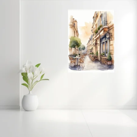 Watercolor-style Parisian café street scene, warm limestone tones, outdoor terrace