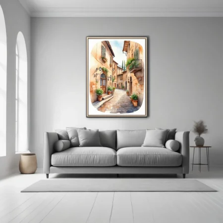 Watercolor-style Tuscan village alley with cobblestones, terracotta walls, and flowering balconies
