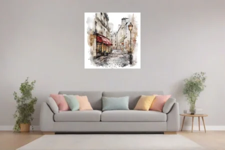Watercolor-style Parisian cobblestone street with red café awning and vintage lamp post