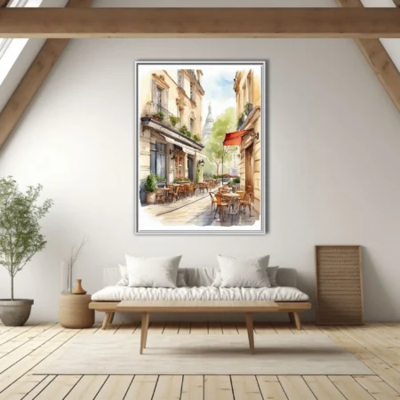 Watercolor-style Parisian café street scene with warm stonework and domed landmark