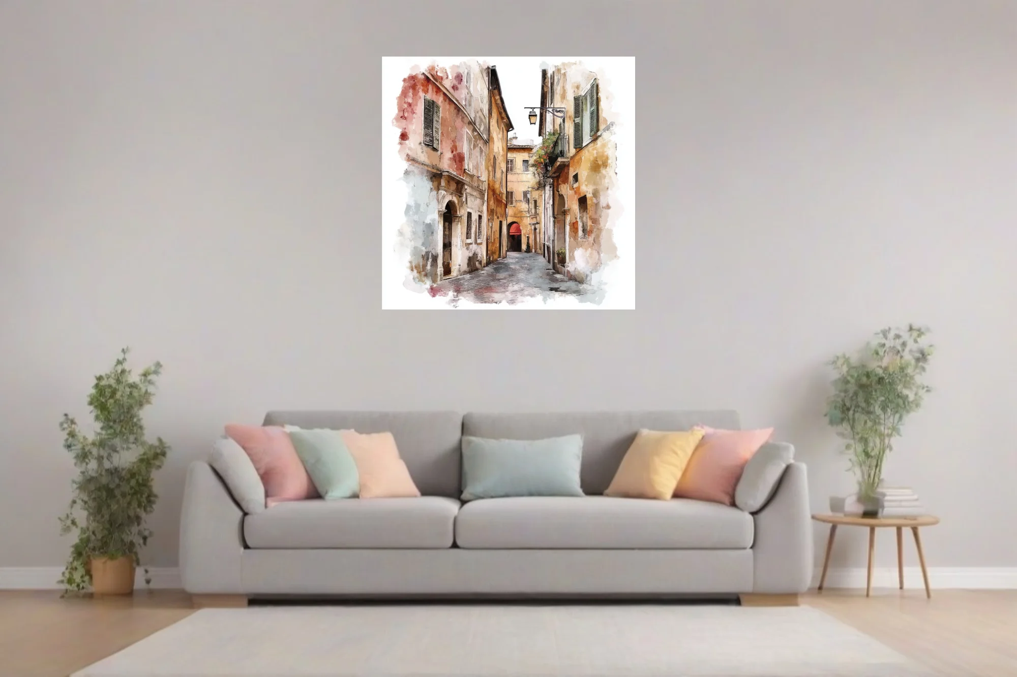 Watercolor-style Mediterranean alleyway with ochre facades, shutters, and cobblestones