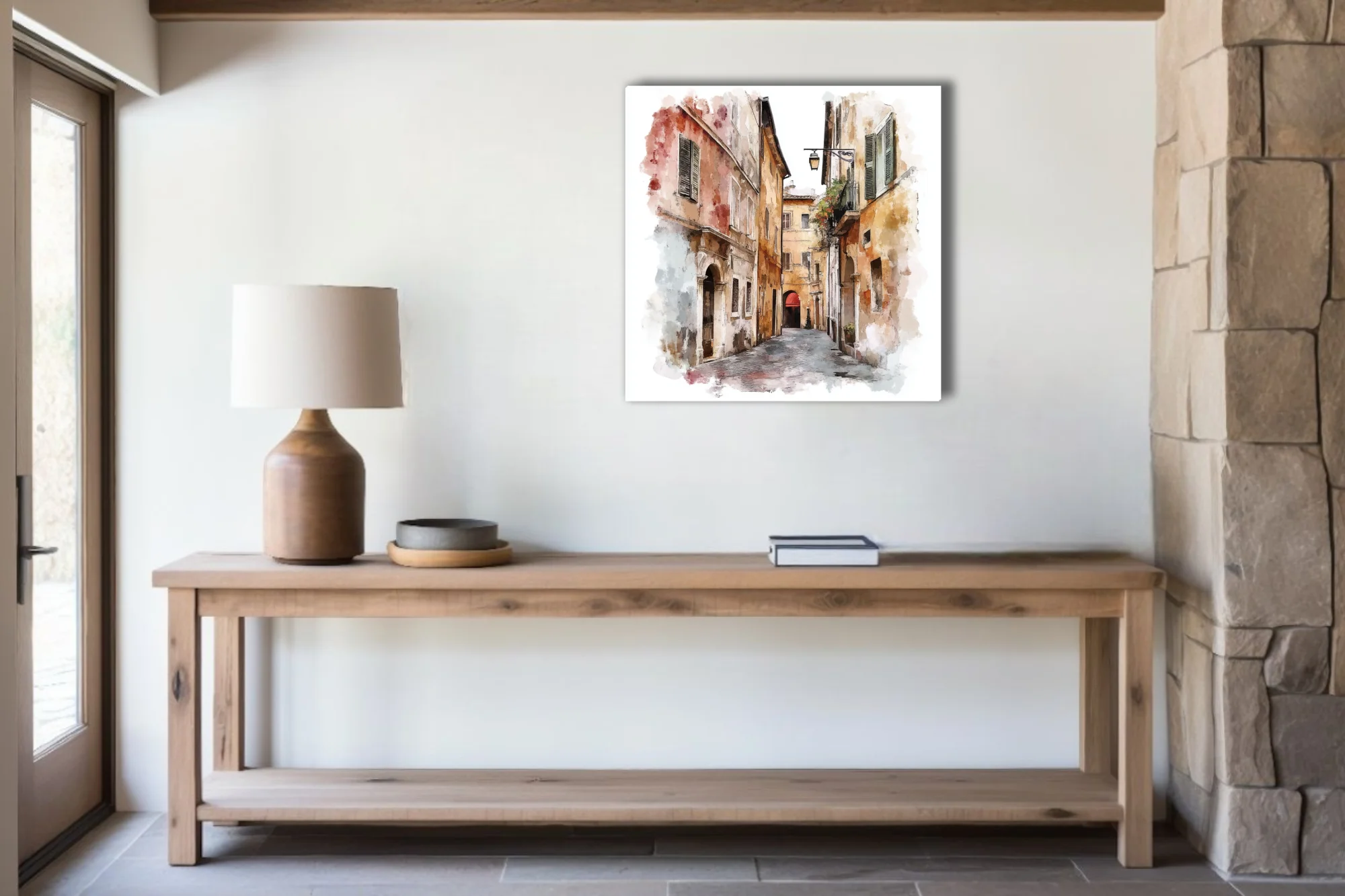 Watercolor-style Mediterranean alleyway with ochre facades, shutters, and cobblestones