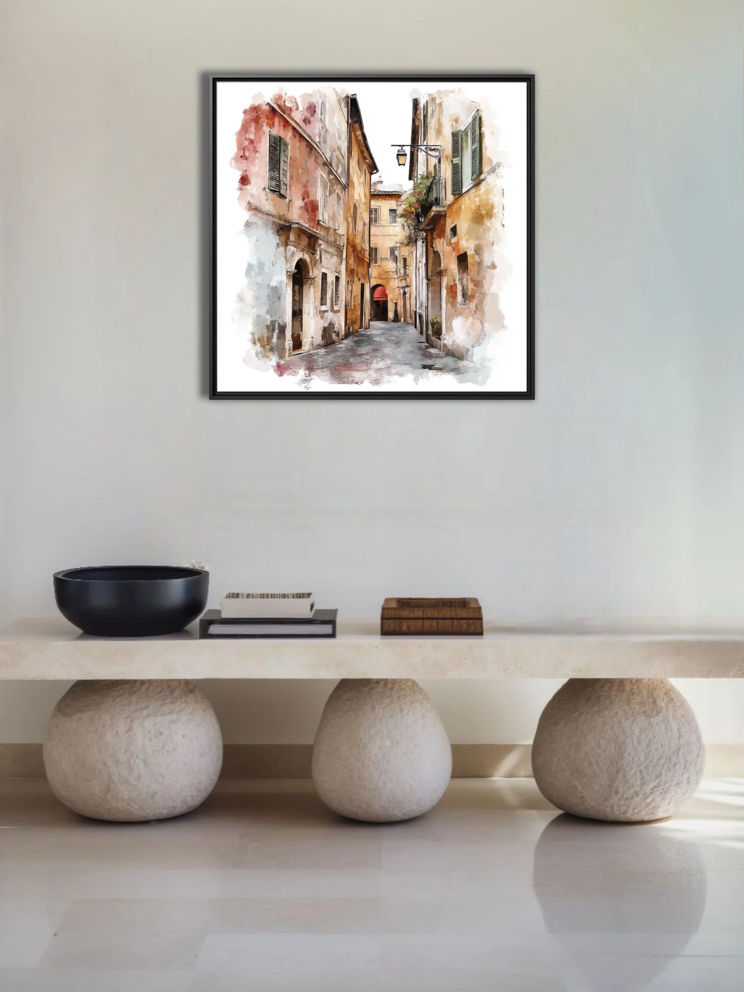 Watercolor-style Mediterranean alleyway with ochre facades, shutters, and cobblestones