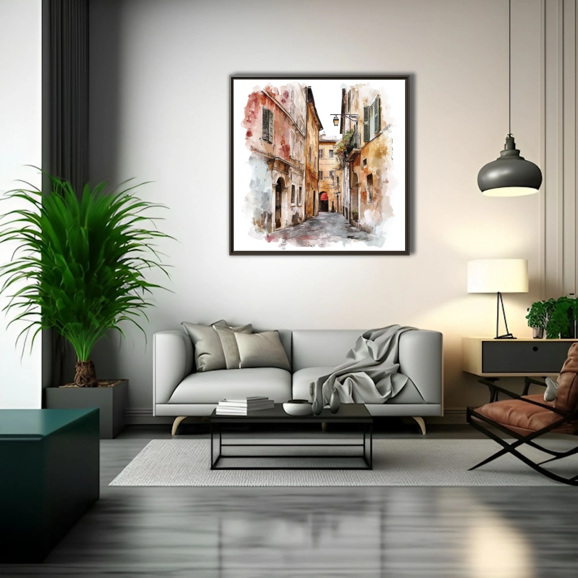 Watercolor-style Mediterranean alleyway with ochre facades, shutters, and cobblestones