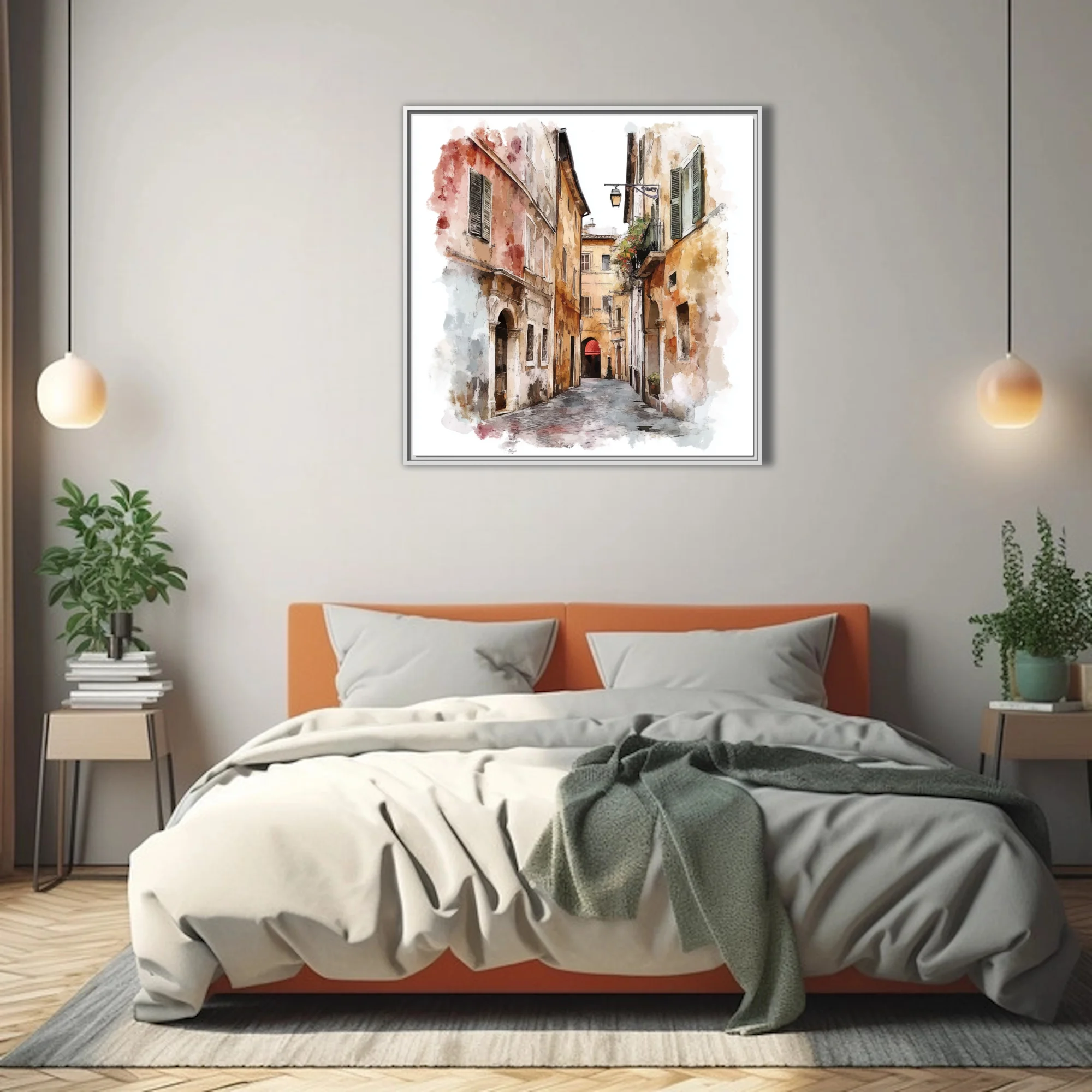 Watercolor-style Mediterranean alleyway with ochre facades, shutters, and cobblestones