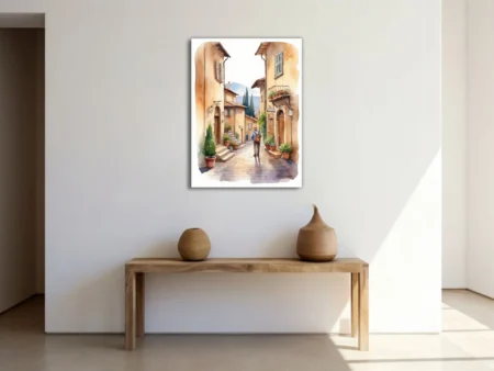 Watercolor-style Tuscan village scene with cobbled lane, ochre walls, cypress trees and distant hills