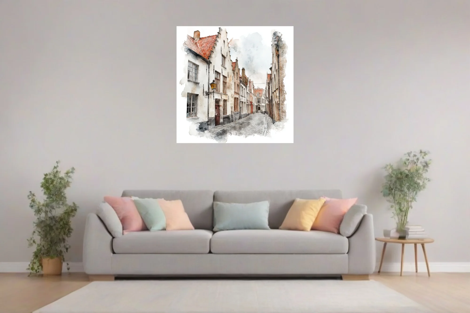 Watercolor-style Flemish cobblestone street with step-gabled white façades and terracotta rooftops