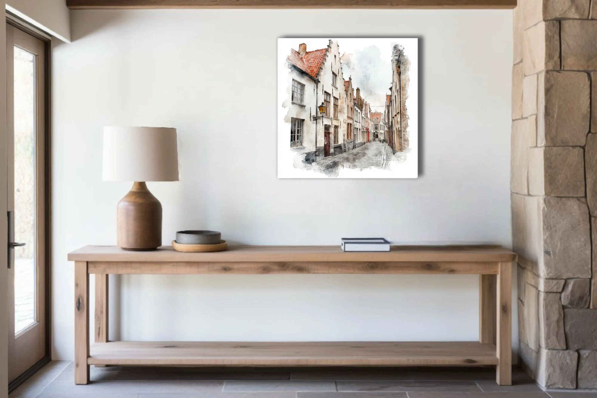 Watercolor-style Flemish cobblestone street with step-gabled white façades and terracotta rooftops