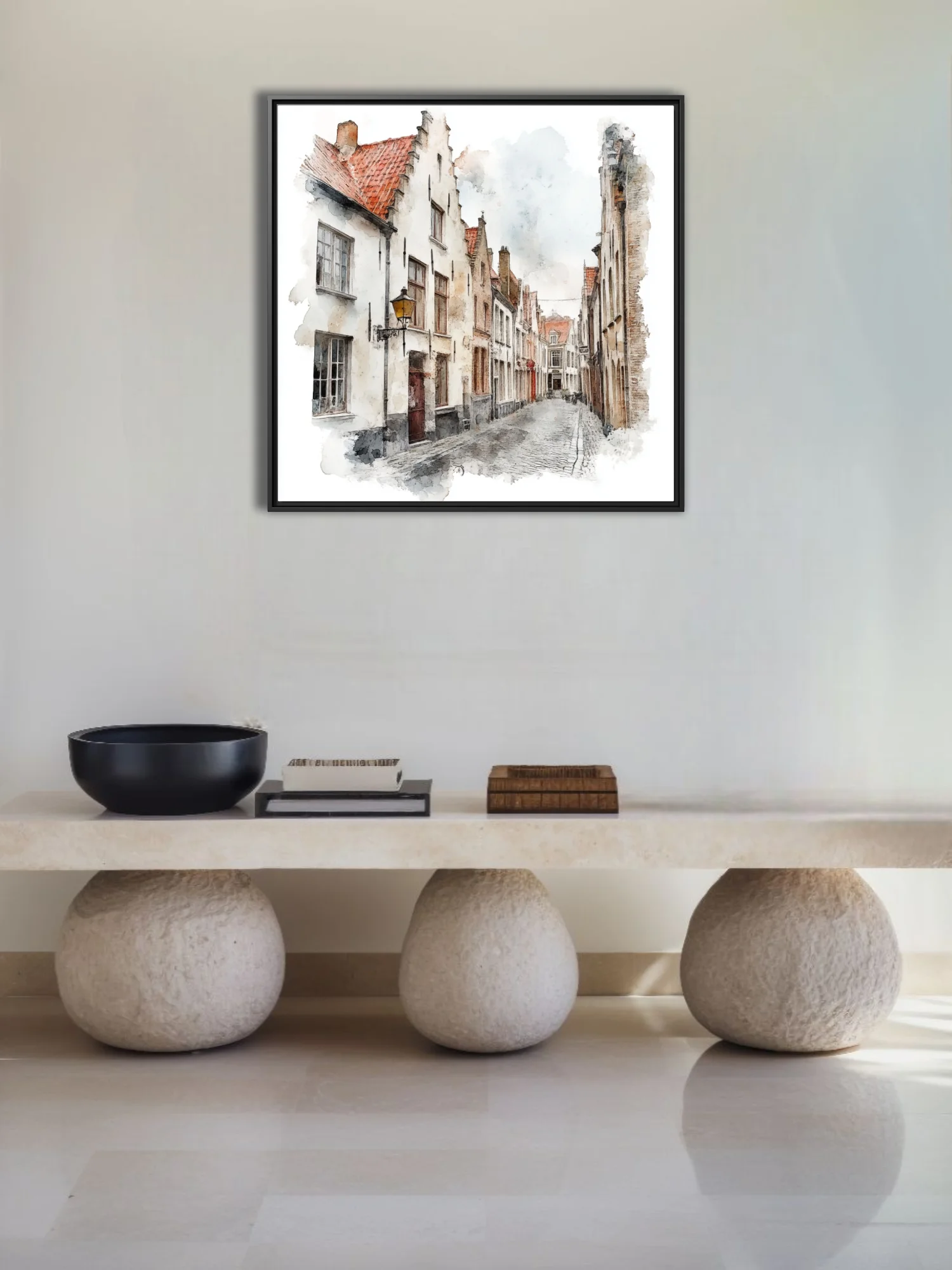 Watercolor-style Flemish cobblestone street with step-gabled white façades and terracotta rooftops