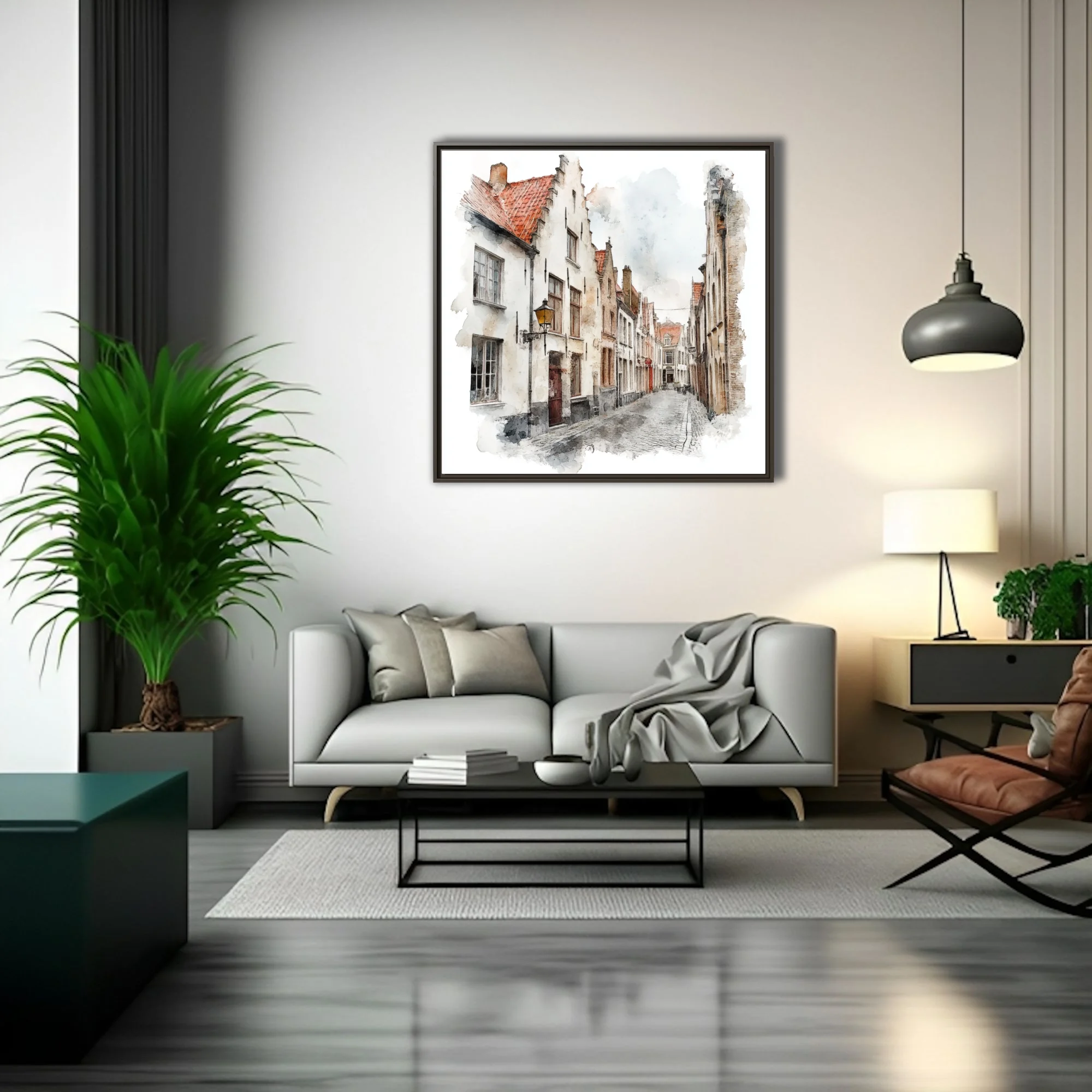 Watercolor-style Flemish cobblestone street with step-gabled white façades and terracotta rooftops