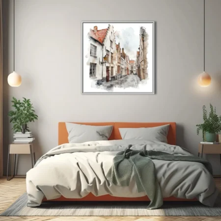 Watercolor-style Flemish cobblestone street with step-gabled white façades and terracotta rooftops