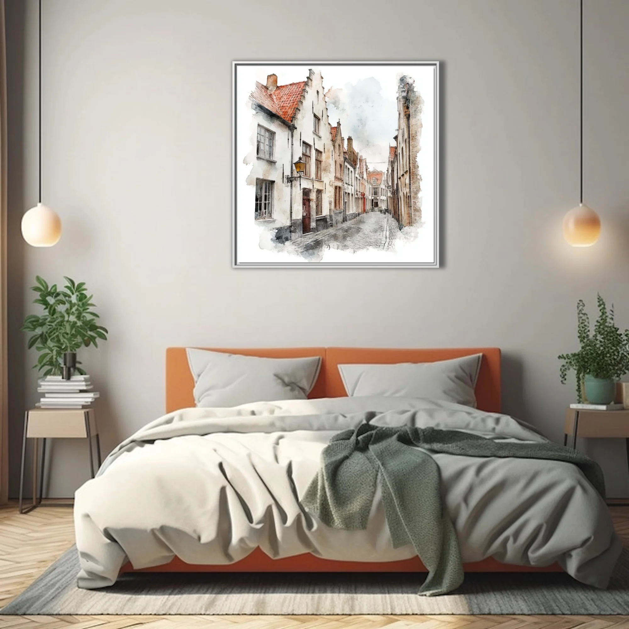 Watercolor-style Flemish cobblestone street with step-gabled white façades and terracotta rooftops